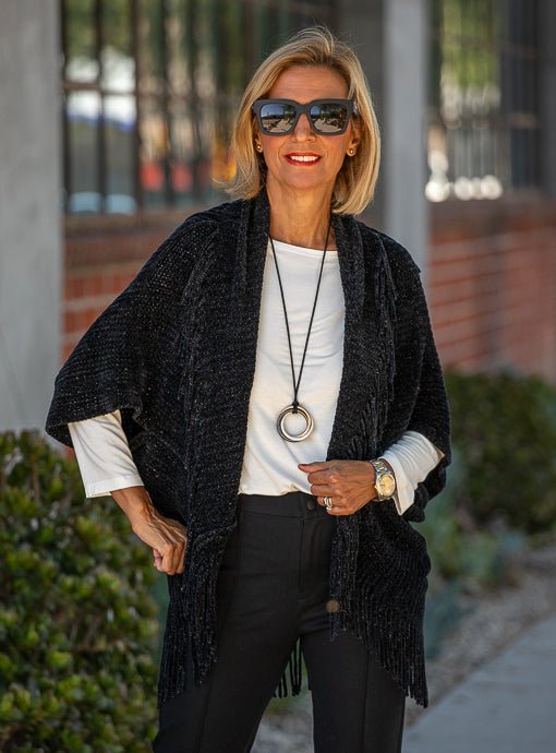 Black Lightweight Chenille Cardigan with Fringe – Just Style LA