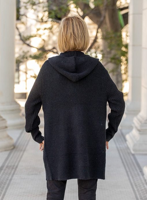 Black Long Hooded Cardigan With Pockets - Just Style LA