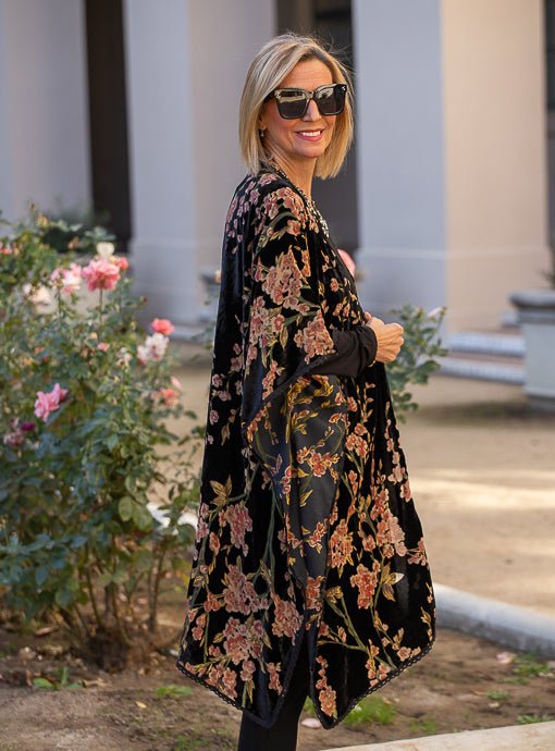 Black Multi Floral Velvet Burnout Kimono - Just Style LA