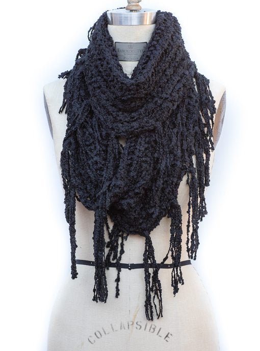 Black Open Weave Textured Yarn Infinity Scarf With Fringe - Just Style LA