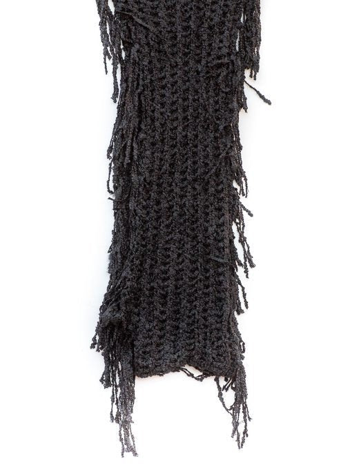 Black Open Weave Textured Yarn Infinity Scarf With Fringe close up - Just Style LA