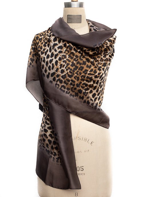 Black Tan Taupe Leopard Print Silky Scarf Shawl - Just Style LA