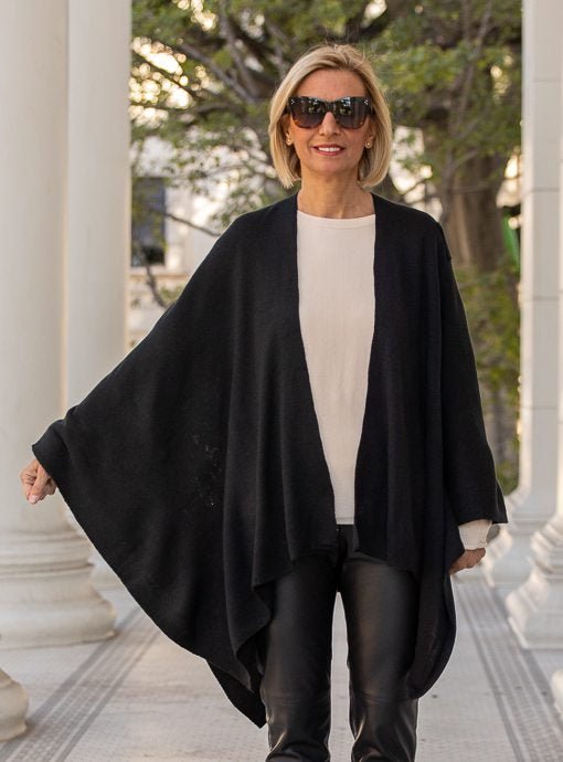 Black Textured Knit Ruana Wrap Shawl With A Loop - Just Style LA