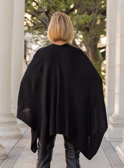 Black Textured Knit Ruana Wrap Shawl With A Loop - Just Style LA