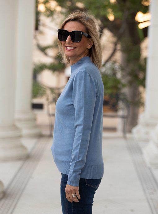 Blue Knit Mock Neck Long Sleeve Top - Just Style LA