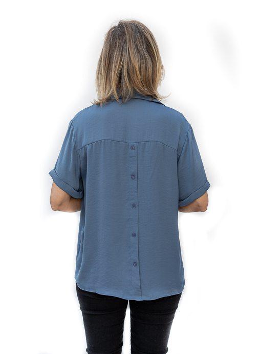Blue Notch Collar Short Sleeve Blouse - Just Style LA