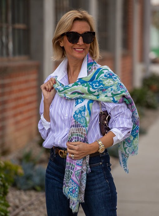 Navy Blue Gold Abstract Floral Silky Scarf Shawl