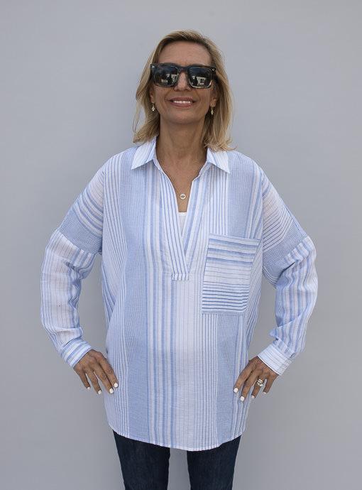 Blue White Multi Stripe Oversized Shirt - Just Style LA