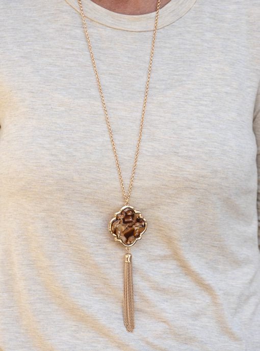 Brown Tan Marbleized Clover Necklace With Gold Chain Tassel - Just Style LA