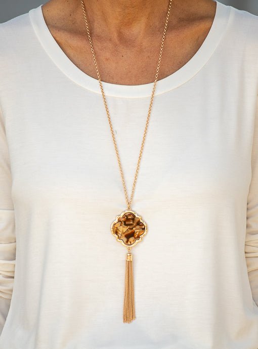 Brown Tan Marbleized Clover Necklace With Gold Chain Tassel - Just Style LA