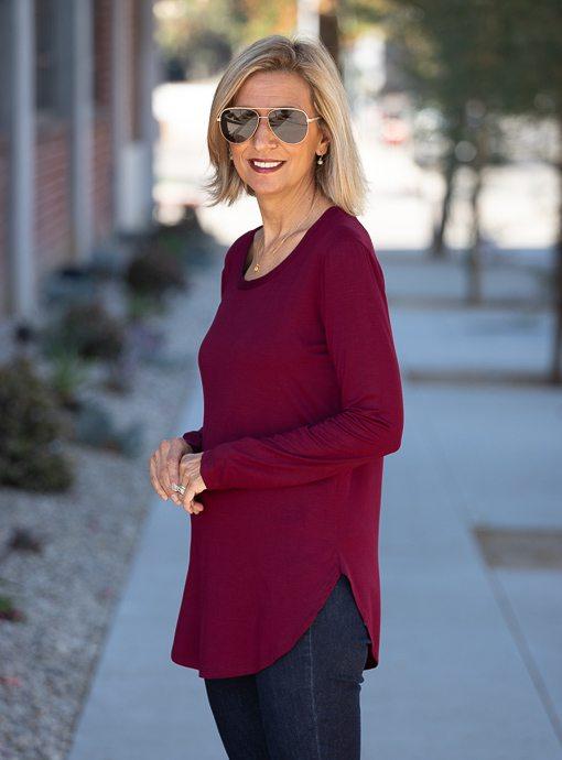 Burgundy Round Neck Long Sleeve Top - Just Style LA