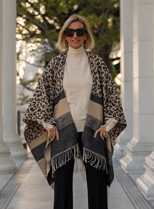 Camel Black Leopard Stripe Poncho With Fringe - Just Style LA