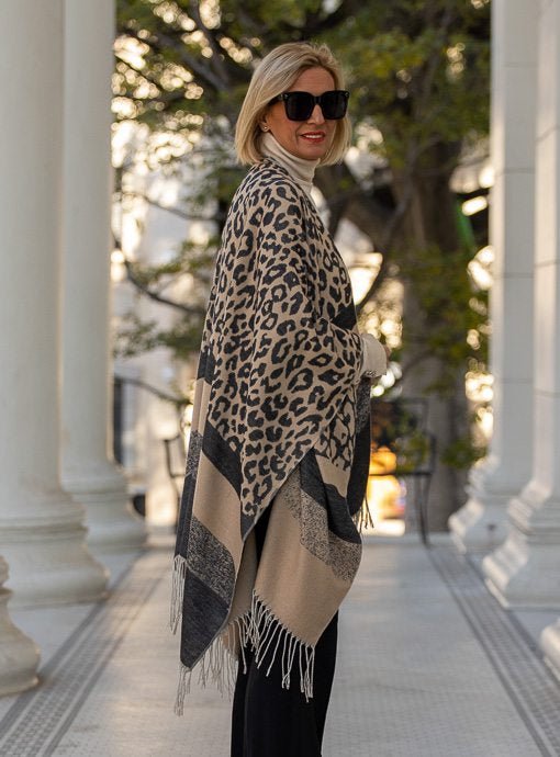 Camel Black Leopard Stripe Poncho With Fringe - Just Style LA