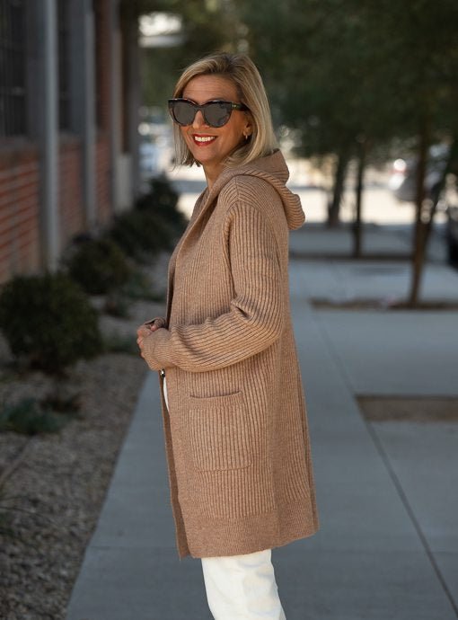 Camel Long Hooded Cardigan With Pockets - Just Style LA