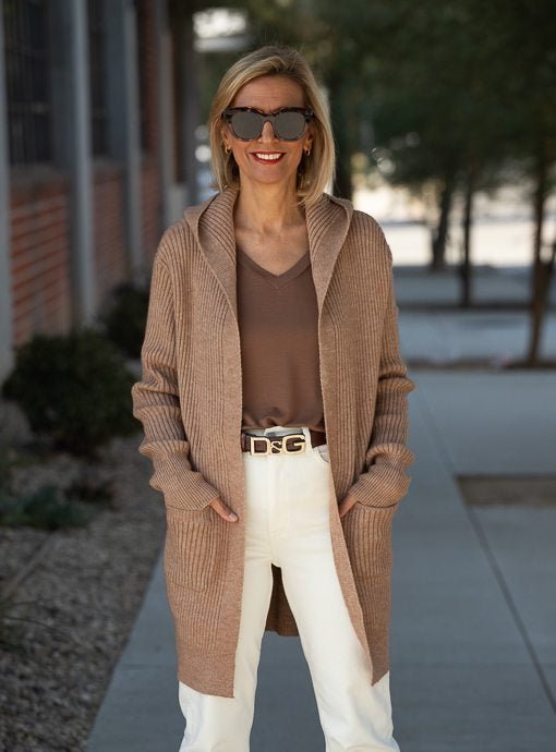 Camel Long Hooded Cardigan With Pockets - Just Style LA