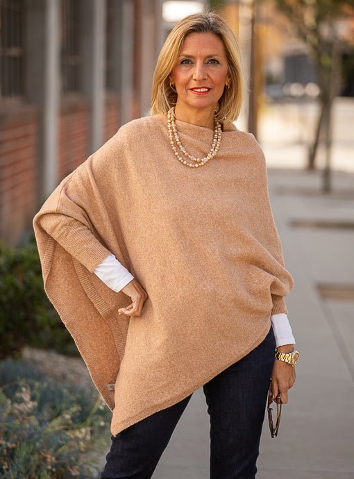 Camel Pull On Poncho With Sleeves - Just Style LA