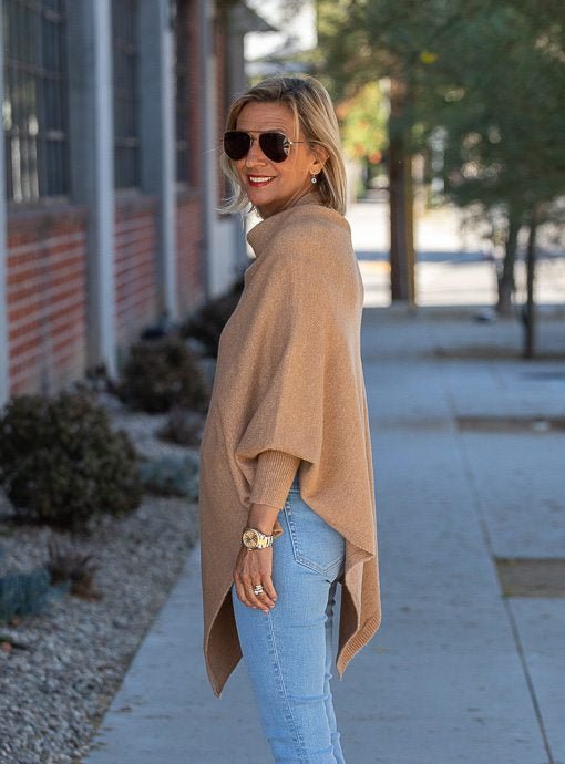 Camel Pull On Poncho With Sleeves