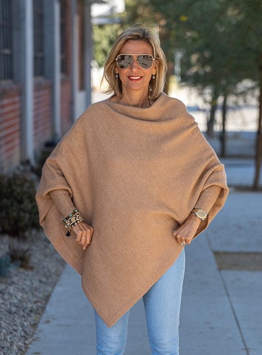 Camel Pull On Poncho With Sleeves - Just Style LA