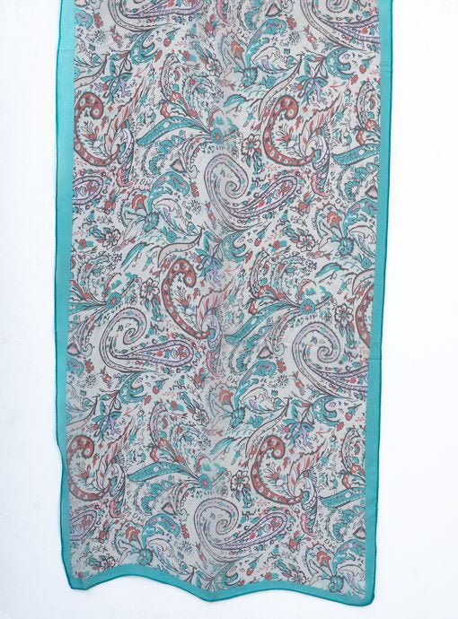 Coral Turquoise Ivory Paisley Print Chiffon Scarf - Just Style LA