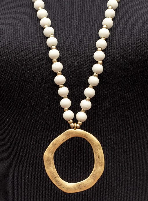 Cream and Gold Bead Necklace with Gold Pendant - Just Style LA
