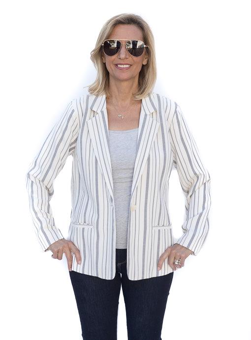 Cream Gray Stripe One Button Blazer - Just Style LA