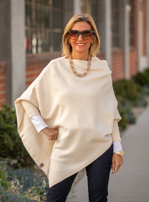 Cream Pull On Poncho With Sleeves - Just Style LA