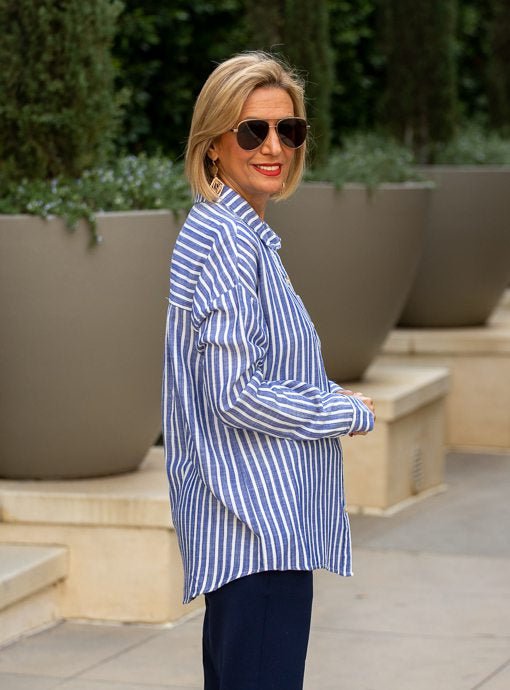Denim Blue And White Stripe Button Down Shirt - Just Style LA
