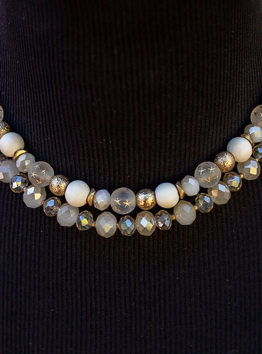 Double Layer Ivory Gold Novelty Bead Necklace - Just Style LA