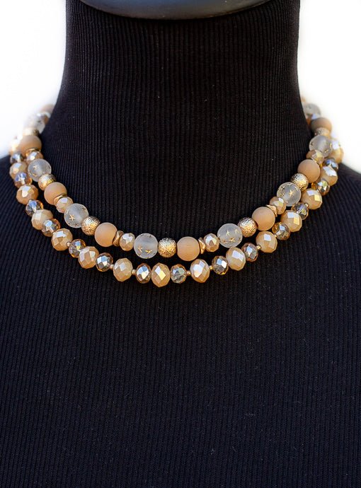Double Layer Tan Gold Novelty Bead Necklace - Just Style LA