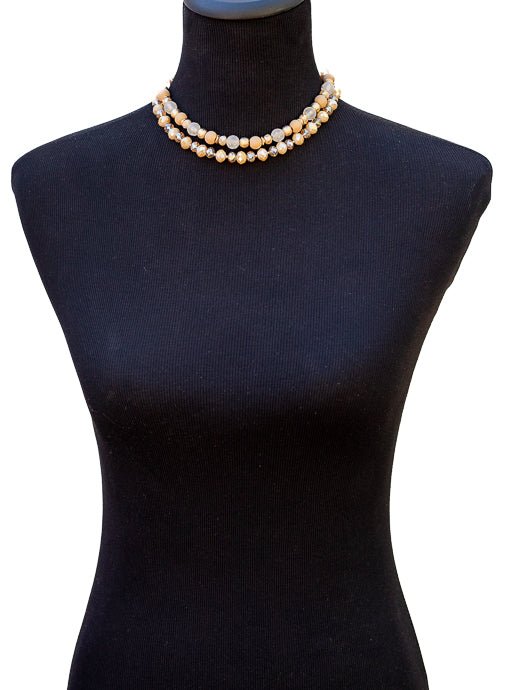Double Layer Tan Gold Novelty Bead Necklace - Just Style LA