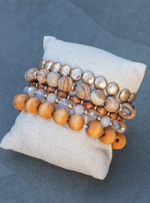 Five Layer Wood And Gold Bead Bracelet Set - Just Style LA