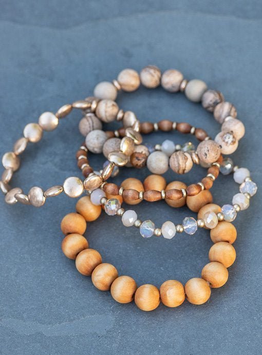 Five Layer Wood And Gold Bead Bracelet Set - Just Style LA