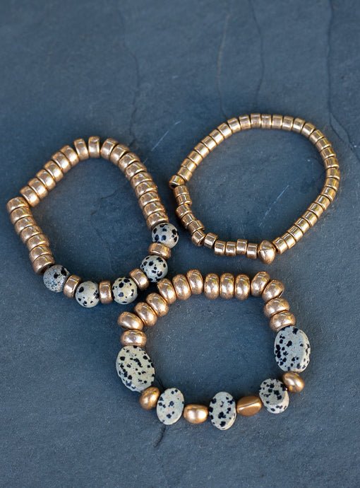 Gold And Tan Black Dot Bead Bracelet Set Of Three - Just Style LA