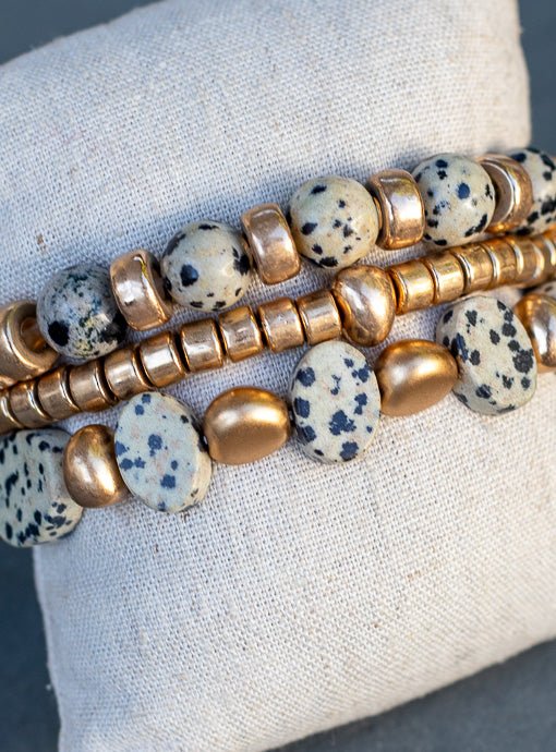Gold And Tan Black Dot Bead Bracelet Set Of Three - Just Style LA