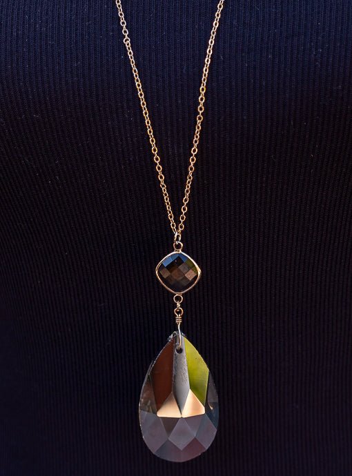 Gold Chain Necklace With Gray Crystal Teardrop Pendant - Just Style LA