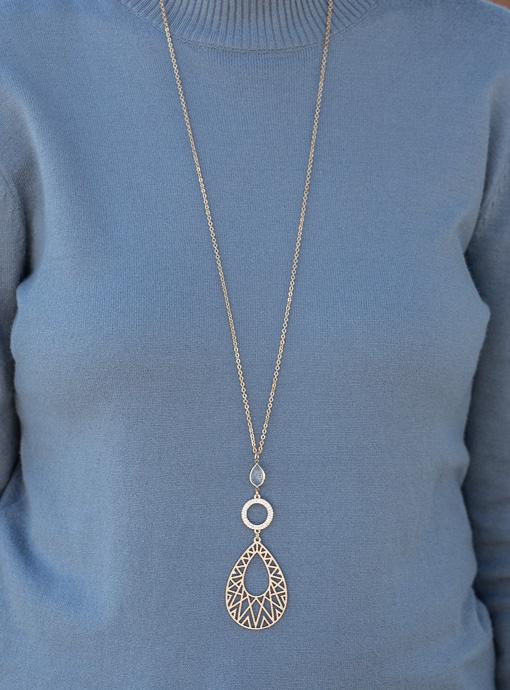 Gold Chain Necklace With Intricate Gold Teardrop Pendant - Just Style LA