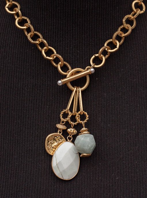 Gold Chain Necklace With Novelty Toggle Pendant And Stones - Just Style LA