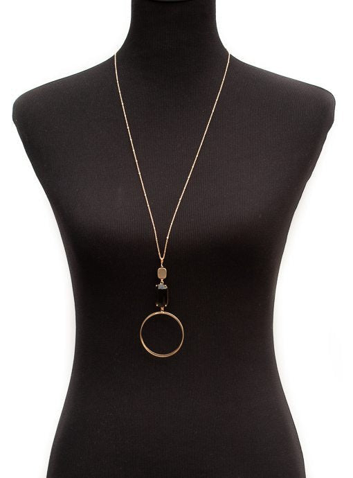Gold Chain Necklace With Round Metal Pendant And Stone - Just Style LA
