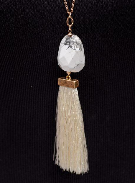 Gold Chain Necklace With White Marbleized Stone And Fringe - Just Style LA