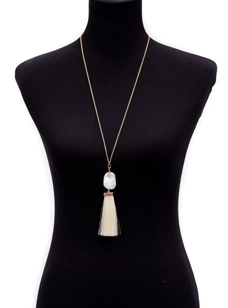 Gold Chain Necklace With White Marbleized Stone And Fringe - Just Style LA