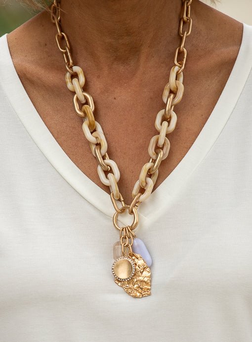 Gold Cream Chunky Chain Necklace With Novelty Pendant - Just Style LA