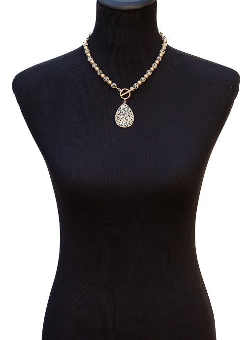 Gold Tone Toggle Chain Necklace With Tan And Black Dot Stone - Just Style LA