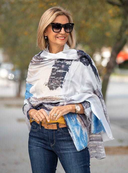 Gray Black Blue Silver Abstract Print Scarf Shawl - Just Style LA