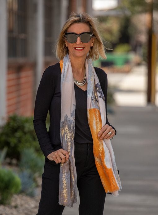 Gray Black Orange Gold Abstract Print Scarf Shawl – Just Style LA