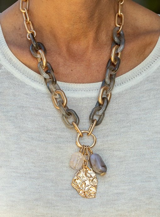 Gray Gold Chunky Chain Necklace With Novelty Pendant - Just Style LA