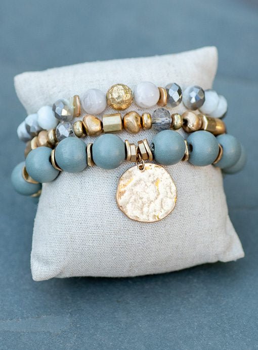 Gray Gold Three Piece Bracelet Set With Charm - Just Style LA