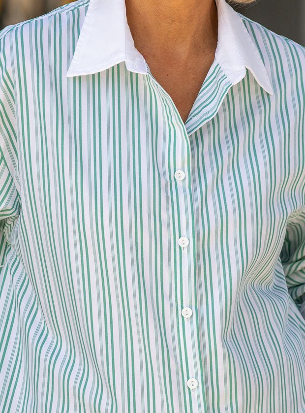 Green White Stripe Shirt With White Collar And Cuffs - Just Style LA