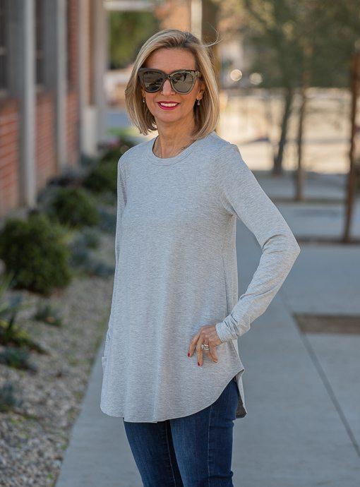Heather Gray Crew Neck Long Sleeve Jersey Top - Just Style LA