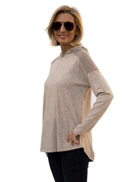 Heather Taupe Textured and Solid Knit Hooded Top - Just Style LA