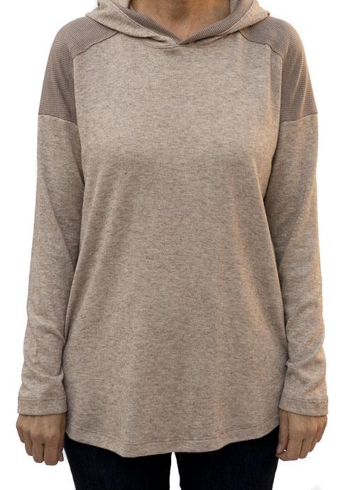 Heather Taupe Textured and Solid Knit Hooded Top - Just Style LA